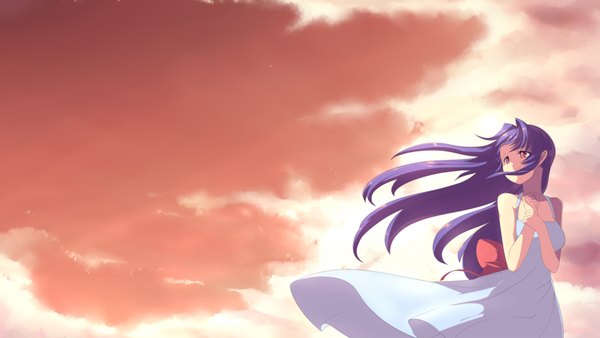 Anime picture 3550x2000 with original saiste long hair highres red eyes wide image absurdres sky purple hair wind girl sundress