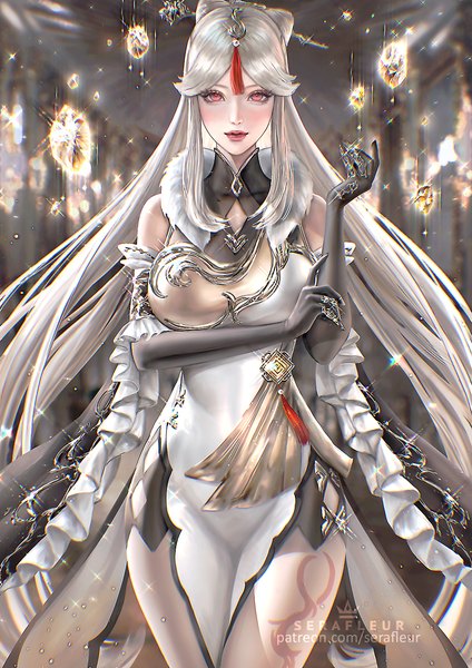 Anime picture 1061x1500 with genshin impact ningguang (genshin impact) abigail diaz single long hair tall image looking at viewer blush fringe red eyes standing signed silver hair indoors traditional clothes arm up lips blurry realistic sparkle
