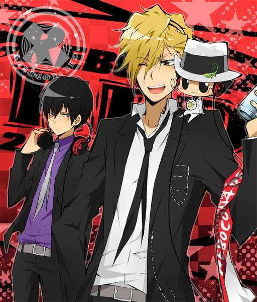 Anime picture 800x938 with katekyou hitman reborn hibari kyouya reborn dino cavallone leon (khr) danemaru tall image blush fringe short hair open mouth black hair blonde hair hair between eyes brown eyes looking away one eye closed wink black eyes multiple boys