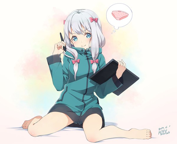 Anime picture 1280x1045 with eromanga sensei a-1 pictures izumi sagiri yoshino ryou single long hair looking at viewer blue eyes sitting signed silver hair full body light smile bare legs dated wariza thinking girl bow hair bow