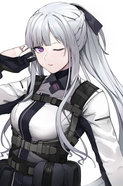 Anime picture 2715x4096 with girls frontline ak-12 (girls frontline) saiun sigma single long hair tall image looking at viewer fringe highres simple background standing white background purple eyes payot upper body ponytail blunt bangs parted lips one eye closed arm up