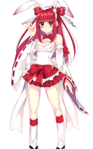 Anime picture 1500x2400 with beatmania beatmania iidx umegiri ameto motsuni (lxxe1120) single long hair tall image looking at viewer blush breasts simple background smile red eyes standing white background cleavage red hair hair bun (hair buns) girl dress