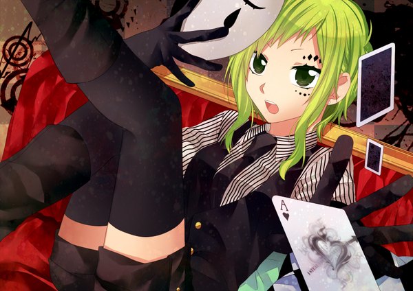 Anime picture 1754x1240 with vocaloid poker face (vocaloid) gumi single highres short hair open mouth green eyes green hair striped face paint girl thighhighs gloves black thighhighs mask vest card (cards)