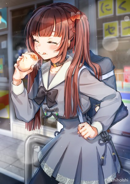 Anime picture 905x1280 with original piroshiki single long hair tall image blush fringe smile brown hair standing twintails holding signed outdoors blunt bangs eyes closed long sleeves pleated skirt blurry depth of field