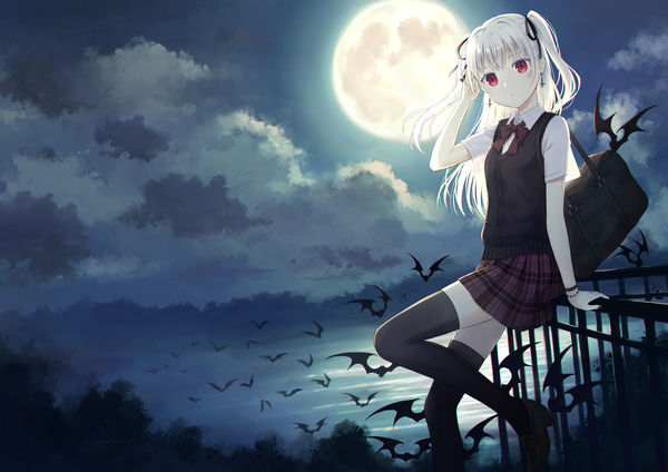 Anime picture 3400x2400 with original 104 single long hair looking at viewer highres red eyes absurdres bent knee (knees) white hair night two side up slit pupils girl thighhighs uniform ribbon (ribbons) black thighhighs hair ribbon school uniform