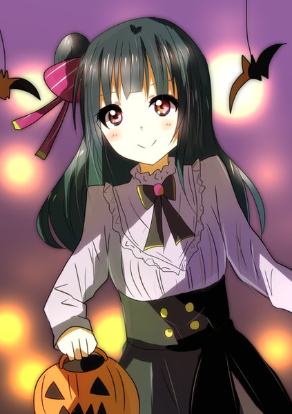 Anime-Bild 900x1275 mit love live! sunshine!! sunrise (studio) love live! tsushima yoshiko natsume suzuri single long hair tall image looking at viewer blush fringe black hair simple background red eyes holding light smile hair bun (hair buns) halloween girl skirt