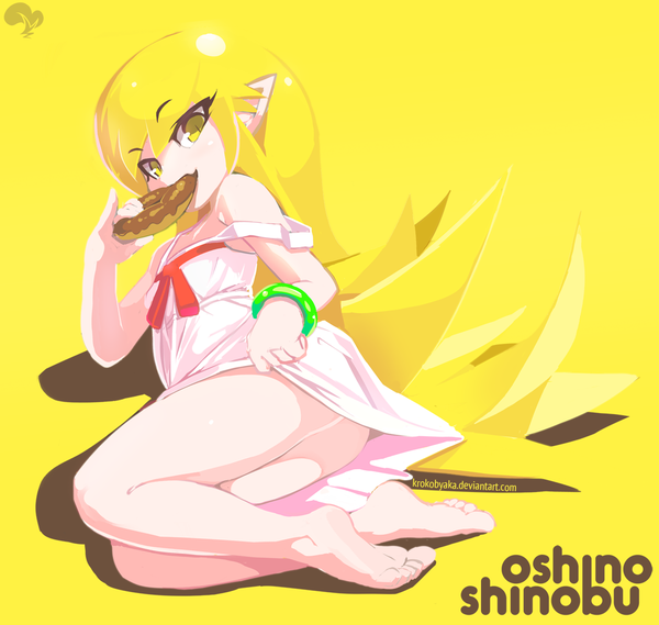 Anime picture 1159x1100 with bakemonogatari shaft (studio) monogatari (series) oshino shinobu krokobyaka single long hair looking at viewer light erotic blonde hair simple background yellow eyes full body barefoot pointy ears fang (fangs) character names no panties strap slip eating