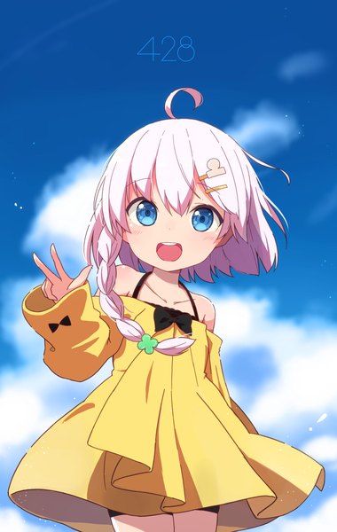 Anime picture 2508x3956 with original okota mikan single long hair tall image looking at viewer highres open mouth blue eyes smile bare shoulders sky cloud (clouds) ahoge white hair braid (braids) wind loli victory flat chest