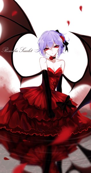 Anime picture 2100x4000 with touhou remilia scarlet sheya single tall image looking at viewer fringe highres short hair breasts hair between eyes red eyes white background bare shoulders purple hair character names one side up reflection demon wings ripples