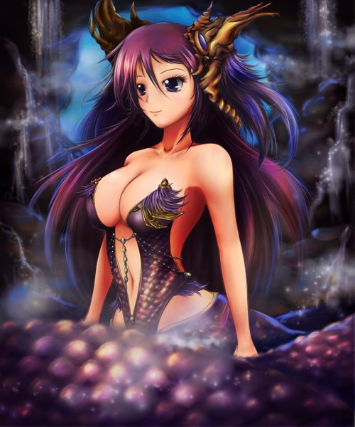 Anime picture 1125x1350 with original servet single long hair tall image light erotic purple eyes bare shoulders purple hair light smile monster girl girl navel