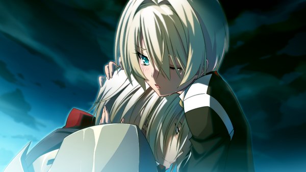 Anime picture 1024x576 with zero infinity short hair blue eyes wide image game cg white hair one eye closed wink tears girl boy