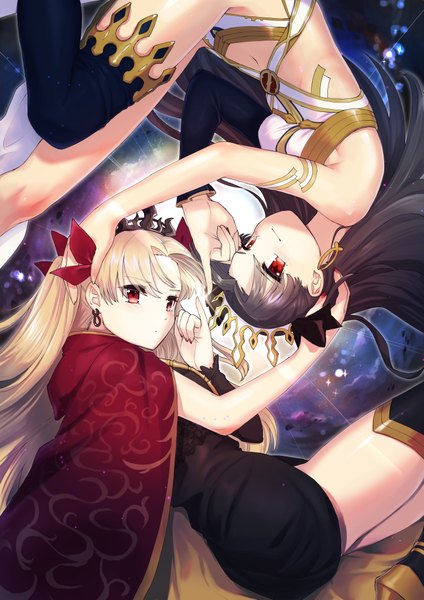 Anime picture 2894x4093 with fate (series) fate/grand order ishtar (fate) ereshkigal (fate) sahara1127 long hair tall image looking at viewer highres light erotic black hair blonde hair red eyes bare shoulders multiple girls sky cloud (clouds) bent knee (knees) lying long sleeves