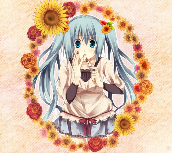 Anime picture 1350x1200 with vocaloid hatsune miku mizuki hau (artist) single twintails very long hair aqua eyes aqua hair girl skirt flower (flowers) miniskirt lipstick tube