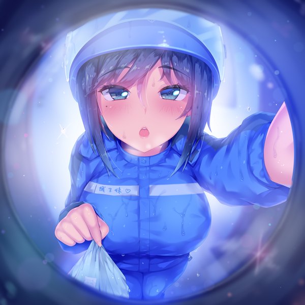 Anime-Bild 800x800 mit original a.x. single looking at viewer blush fringe short hair breasts open mouth blue eyes large breasts holding blue hair long sleeves blurry mole wet depth of field mole under eye exhalation