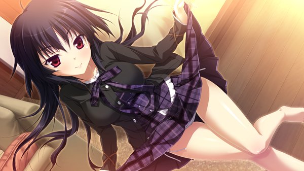 Anime picture 1280x720 with hapymaher purple software hatsuno saki tsukimori hiro single long hair looking at viewer blush black hair smile red eyes wide image game cg girl dress