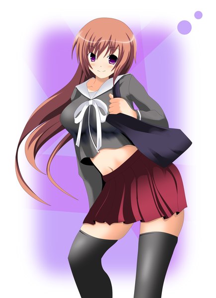 Anime picture 2544x3508 with original paradaisukingu single long hair tall image highres brown hair purple eyes girl thighhighs skirt black thighhighs miniskirt serafuku