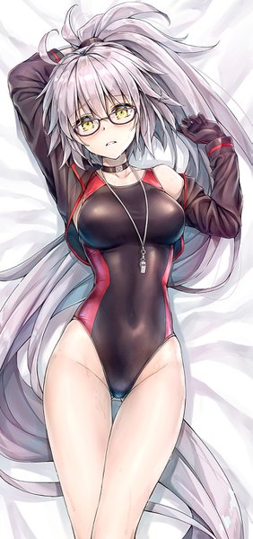 Anime picture 643x1366 with fate (series) fate/grand order jeanne d'arc (fate) (all) jeanne d'arc alter (fate) jeanne d'arc alter (swimsuit berserker) (fate) kotatsu (kotatsu358) single tall image looking at viewer blush fringe breasts light erotic hair between eyes yellow eyes silver hair ahoge ponytail lying very long hair