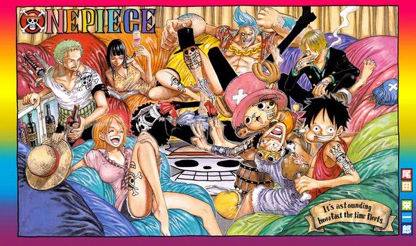 Anime picture 2363x1400 with one piece toei animation nami (one piece) monkey d. luffy nico robin roronoa zoro sanji tony tony chopper usopp franky brook (one piece) oda eiichirou long hair looking at viewer fringe highres short hair breasts open mouth black hair