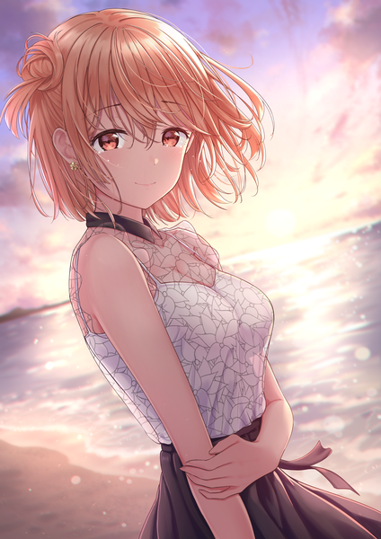 Anime picture 4961x7016 with yahari ore no seishun love comedy wa machigatteiru. brains base (studio) yuigahama yui marinesnow single tall image looking at viewer blush fringe highres short hair breasts hair between eyes red eyes standing bare shoulders absurdres sky cloud (clouds) pink eyes