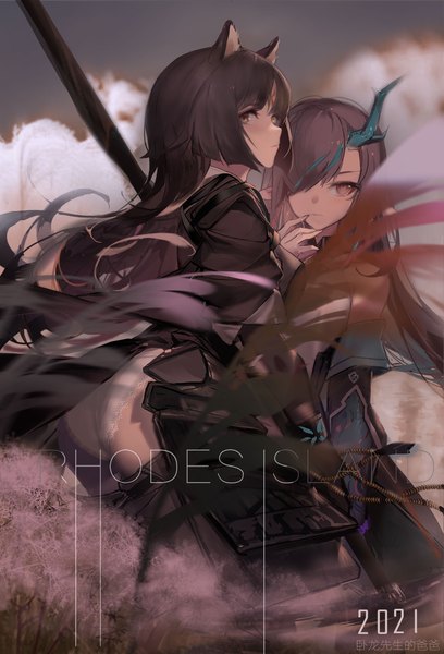 Anime picture 2000x2940 with arknights dusk (arknights) saga (arknights) rabbit (tukenitian) long hair tall image looking at viewer fringe highres light erotic brown hair standing multiple girls brown eyes ass profile horn (horns) pointy ears hair over one eye inscription