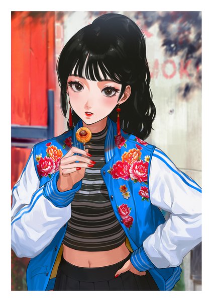 Anime picture 1273x1800 with original ekao single long hair tall image looking at viewer blush fringe black hair holding payot upper body ponytail blunt bangs long sleeves nail polish parted lips pleated skirt fingernails black eyes