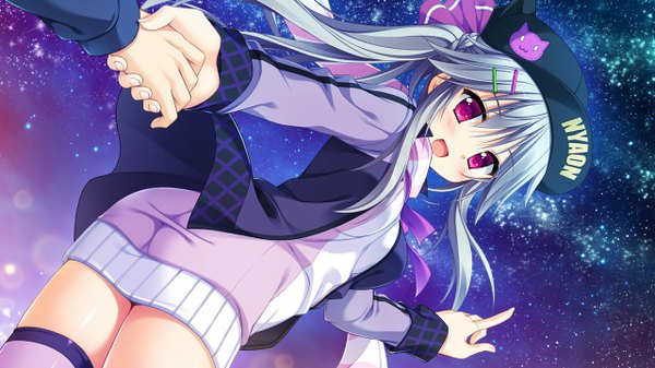 Anime picture 1280x720 with hanasaki work spring shiranui inori moribe (rabumanyo) long hair blush open mouth smile wide image silver hair pink eyes night from below night sky holding hands girl hair ornament headdress hairclip clothes