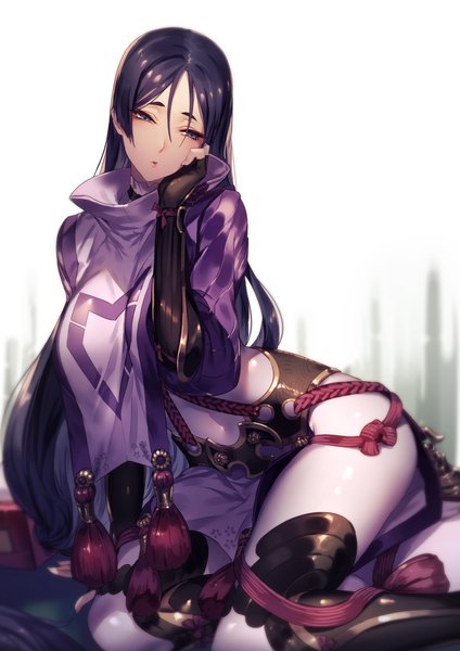 Anime picture 1400x1980 with fate (series) fate/grand order minamoto no raikou (fate) kyouya (mukuro238) single tall image breasts light erotic sitting purple eyes payot looking away purple hair very long hair arm support covered navel low ponytail hand on cheek girl tassel