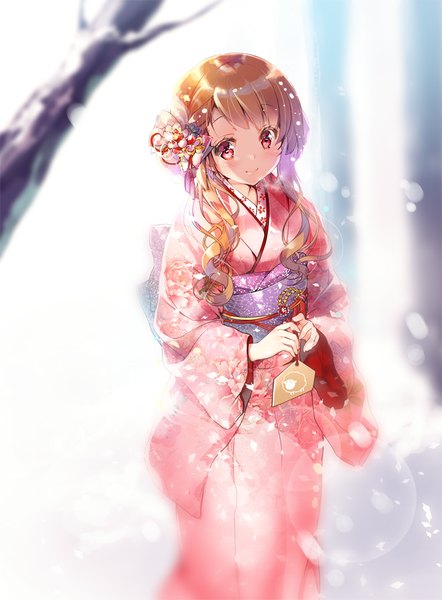 Anime picture 811x1100 with original miwabe sakura single long hair tall image looking at viewer blush red eyes brown hair traditional clothes japanese clothes light smile blurry depth of field snowing winter new year bare tree happy new year 2015