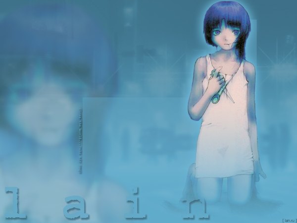 Anime picture 1024x768 with serial experiments lain iwakura lain short hair simple background purple eyes purple hair kneeling blue background girl scissors