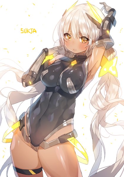 Anime picture 700x1000 with expelled from paradise angela balzac sorolp single tall image blush fringe breasts light erotic simple background large breasts standing white background twintails signed yellow eyes silver hair very long hair arms up armpit (armpits)