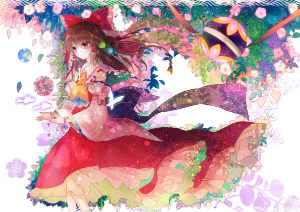 Anime picture 1526x1082 with touhou hakurei reimu kazu (muchuukai) single long hair brown hair brown eyes miko girl flower (flowers) bow hair bow detached sleeves petals insect butterfly