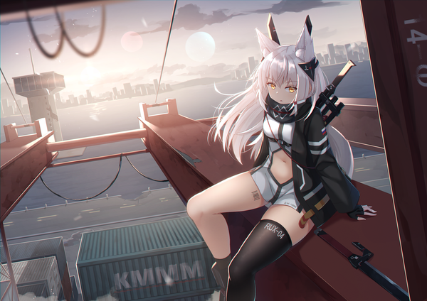 Anime-Bild 2339x1654 mit original f (milfaaaaa) single long hair looking at viewer fringe highres open mouth sitting animal ears yellow eyes silver hair outdoors tail long sleeves animal tail sunlight wide sleeves arm support open jacket