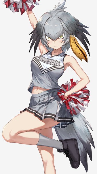 Anime picture 700x1244 with kemono friends shoebill (kemono friends) guchico single tall image looking at viewer blush fringe short hair breasts simple background hair between eyes standing yellow eyes tail animal tail pleated skirt arm up grey hair grey background