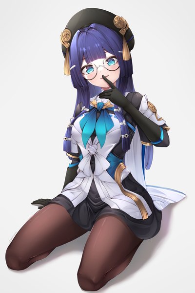 Anime picture 3400x5100 with honkai: star rail honkai (series) pela (honkai: star rail) shironagase single long hair tall image looking at viewer highres blue eyes simple background smile white background sitting blue hair absurdres finger to mouth girl gloves pantyhose
