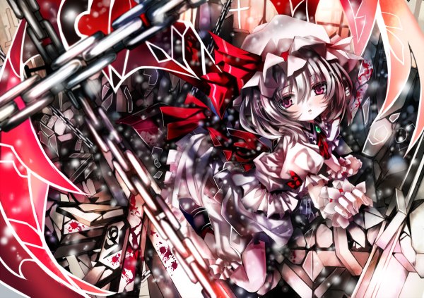 Anime picture 1200x847 with touhou remilia scarlet shino (eefy) short hair red eyes silver hair loli girl bow hat blood chain