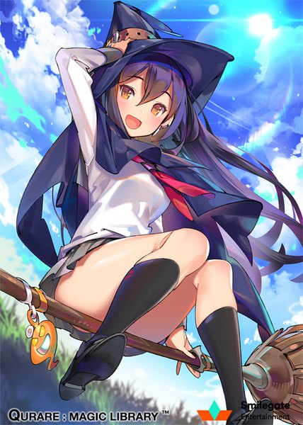 Anime picture 571x800 with qurare: magic library popqn single long hair tall image looking at viewer blush fringe open mouth light erotic smile hair between eyes sitting sky purple hair cloud (clouds) outdoors :d pleated skirt arm up