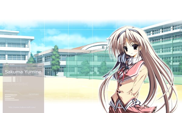 Anime picture 1280x800 with supreme candy (game) sakuma yumine single long hair looking at viewer blush blonde hair wide image sky cloud (clouds) upper body head tilt light smile black eyes character names hands behind back girl uniform school uniform building (buildings)