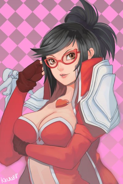 Anime picture 1600x2400 with league of legends vayne (league of legends) kkun88 (artist) single tall image short hair breasts light erotic black hair brown eyes lips rhombus girl gloves glasses clothes