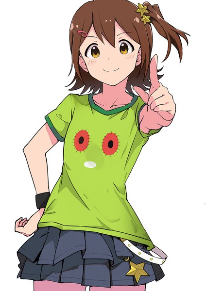 Anime picture 1747x2473 with idolmaster idolmaster million live! kasuga mirai rauto single tall image looking at viewer fringe highres short hair simple background smile hair between eyes brown hair white background brown eyes hand on hip one side up pointing at viewer girl