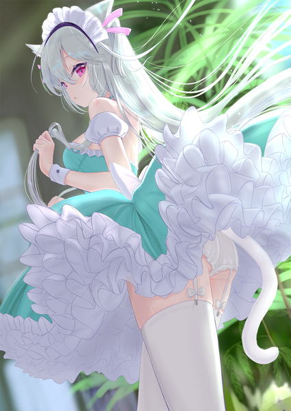 Anime picture 1075x1518 with original hou no ka single long hair tall image fringe breasts light erotic hair between eyes standing bare shoulders animal ears silver hair tail animal tail pink eyes cat ears from below cat girl cat tail