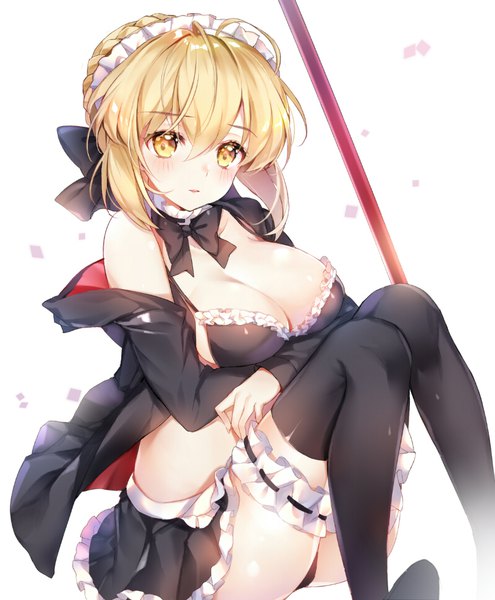 Anime picture 797x965 with fate (series) fate/grand order artoria pendragon (all) artoria pendragon (alter swimsuit rider) (fate) pingo single tall image looking at viewer blush short hair breasts light erotic blonde hair simple background large breasts white background yellow eyes ahoge off shoulder breast hold