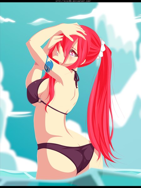 Anime-Bild 2500x3334 mit fairy tail erza scarlet kisi86 single long hair tall image blush fringe highres breasts light erotic large breasts sky cloud (clouds) ponytail red hair pink eyes looking back lips hair over one eye