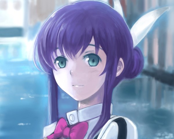 Anime picture 1024x819 with aquarion (series) aquarion evol satelight mikono suzushiro single long hair blush green eyes purple hair light smile girl bowtie