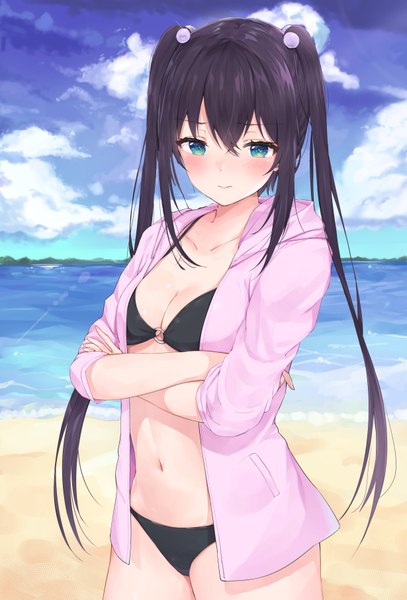 Anime picture 2458x3622 with original racchi. single long hair tall image looking at viewer blush fringe highres breasts blue eyes light erotic hair between eyes standing twintails payot sky cleavage cloud (clouds) outdoors