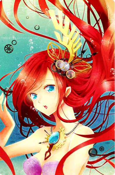 Anime picture 700x1067 with the little mermaid disney ariel rosuuri single long hair tall image open mouth blue eyes red hair underwater girl hair ornament jewelry bubble (bubbles) fish (fishes) brooch