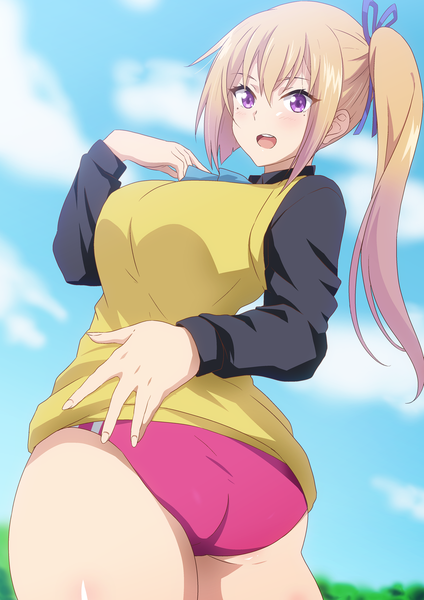 Anime picture 1654x2339 with musaigen no phantom world kawakami mai hera (harayutaka) single long hair tall image looking at viewer blush fringe breasts open mouth light erotic blonde hair smile hair between eyes large breasts standing purple eyes payot sky