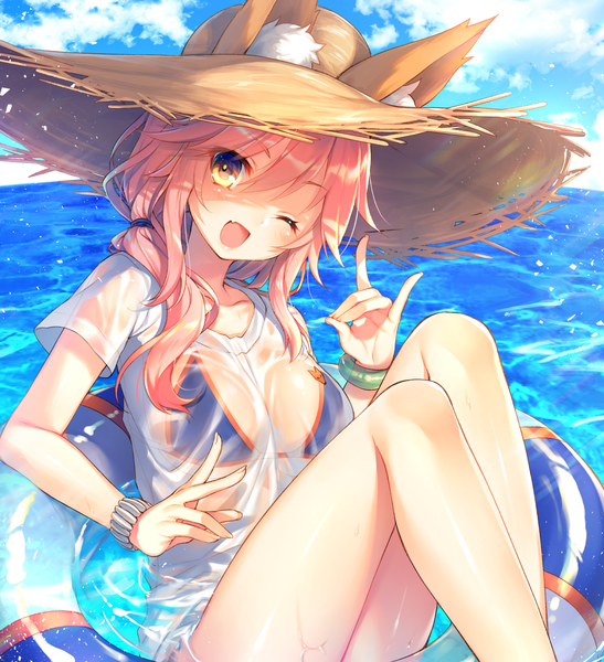 Anime picture 1167x1279 with fate (series) fate/extra tamamo (fate) (all) tamamo no mae (swimsuit lancer) (fate) toosaka asagi long hair tall image fringe open mouth light erotic hair between eyes sitting animal ears yellow eyes pink hair sky cloud (clouds) bent knee (knees) :d one eye closed