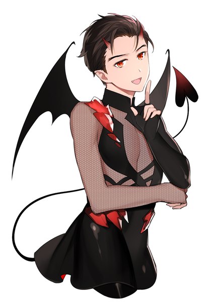 Anime picture 595x842 with yuri!!! on ice mappa katsuki yuuri uhouho14 single tall image looking at viewer short hair open mouth black hair simple background red eyes white background tail head tilt horn (horns) finger to mouth slit pupils demon tail black wings