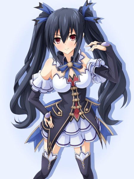 Anime picture 900x1200 with choujigen game neptune noire mei ichi single long hair tall image looking at viewer blush black hair smile red eyes twintails girl thighhighs dress black thighhighs detached sleeves