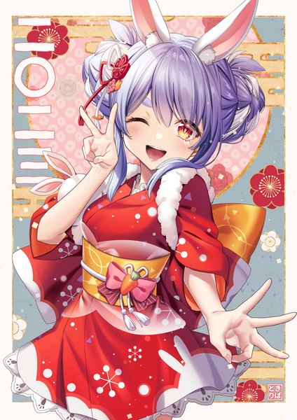 Anime picture 1061x1500 with virtual youtuber hololive usada pekora usada pekora (2nd costume) kiba tori single long hair tall image looking at viewer open mouth animal ears yellow eyes purple hair traditional clothes japanese clothes one eye closed wink hair bun (hair buns) bunny ears official alternate costume